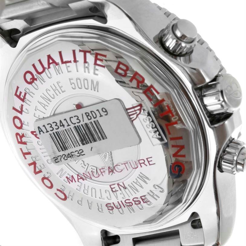 The image shows the back case of a Breitling Superocean A13341C3/BD19 Men's Stainless Steel Black Dial A13341C3/BD19 Men's Stainless Steel Black Dial watch with the model number and some inscriptions.