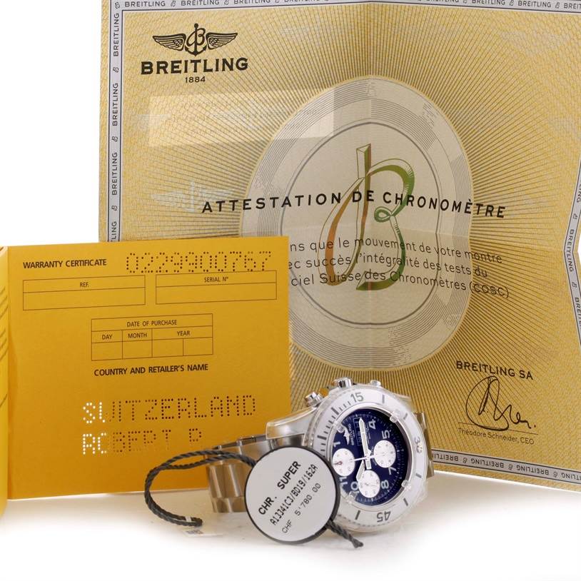 The image shows a Breitling Superocean A13341C3/BD19 Men's Stainless Steel Black Dial A13341C3/BD19 Men's Stainless Steel Black Dial watch alongside its warranty certificate and chronometer certification.