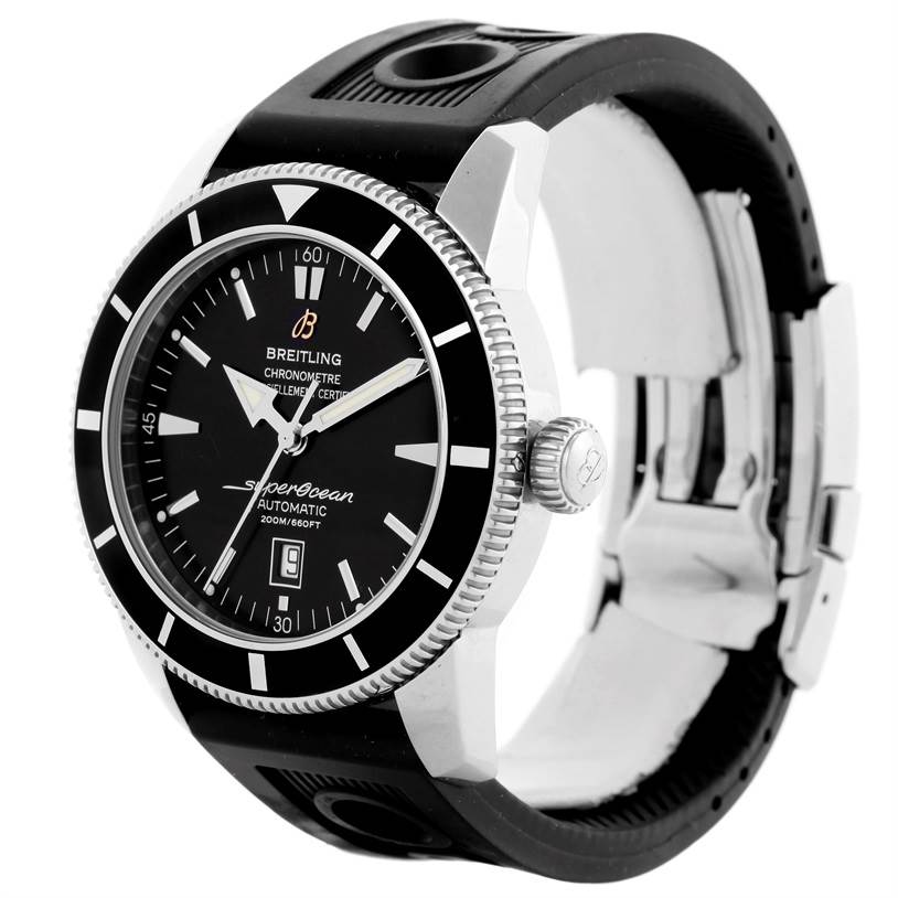 The image shows a Breitling Superocean A17320 Men's Stainless Steel Black Dial A17320 Men's Stainless Steel Black Dial watch angled to display its face, bezel, crown, and part of the black rubber strap.