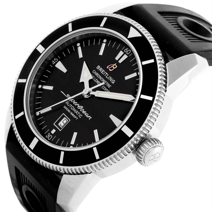 The image shows a close-up of the Breitling Superocean A17320 Men's Stainless Steel Black Dial A17320 Men's Stainless Steel Black Dial watch face and bezel from a slight side angle.