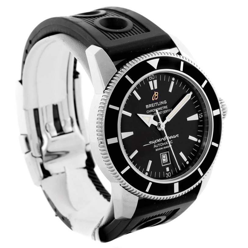 This image shows a frontal angle of a Breitling Superocean A17320 Men's Stainless Steel Black Dial A17320 Men's Stainless Steel Black Dial watch, highlighting its black dial, bezel, and rubber strap.
