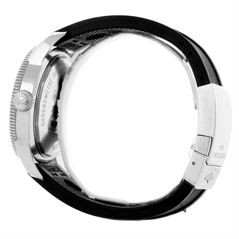 This image shows a side view of the Breitling Superocean A17320 Men's Stainless Steel Black Dial A17320 Men's Stainless Steel Black Dial watch focusing on the crown, case back, and clasp.