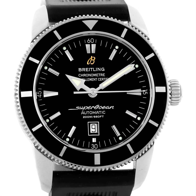 This image shows a front view of the Breitling Superocean A17320 Men's Stainless Steel Black Dial A17320 Men's Stainless Steel Black Dial watch, highlighting its black dial and bezel, hour markers, and crown.