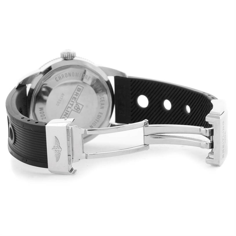 The image shows the back and clasp of the Superocean watch by Breitling with a rubber strap and metal deployment buckle.