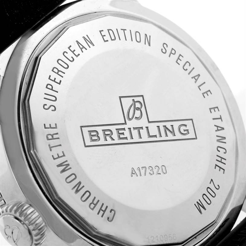 The image shows the case back and crown of the Breitling Superocean A17320 Men's Stainless Steel Black Dial A17320 Men's Stainless Steel Black Dial watch model.
