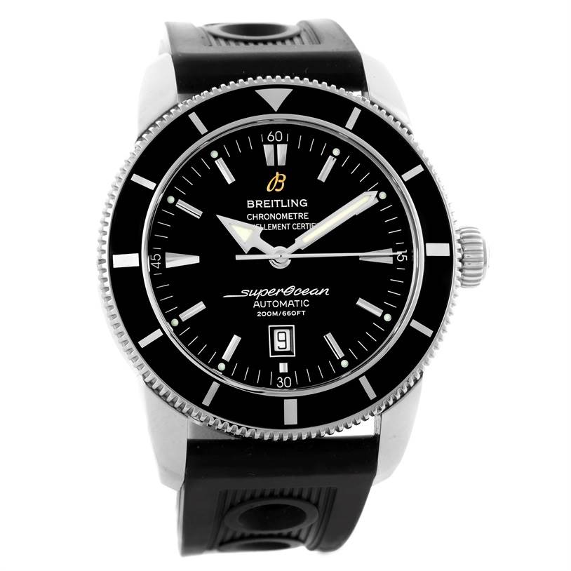 The image shows a frontal view of the Breitling Superocean A17320 Men's Stainless Steel Black Dial A17320 Men's Stainless Steel Black Dial watch, highlighting the dial, bezel, and strap.