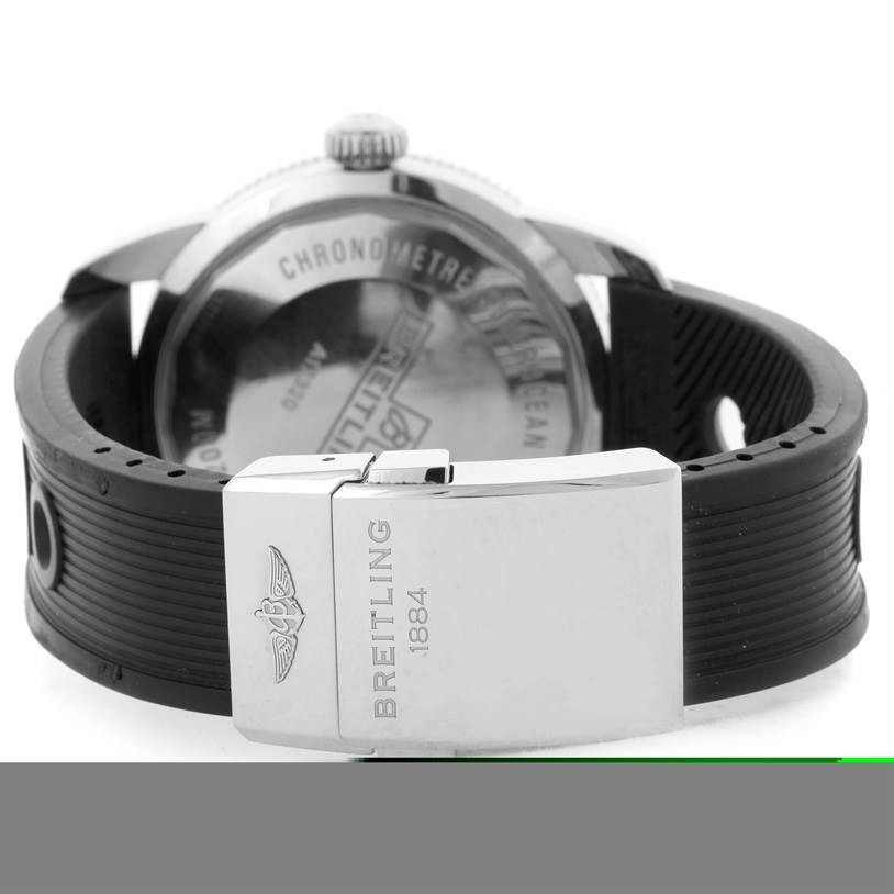 This image shows the back of the Breitling Superocean A17320 Men's Stainless Steel Black Dial A17320 Men's Stainless Steel Black Dial watch and its clasp, displaying the brand logo and name.