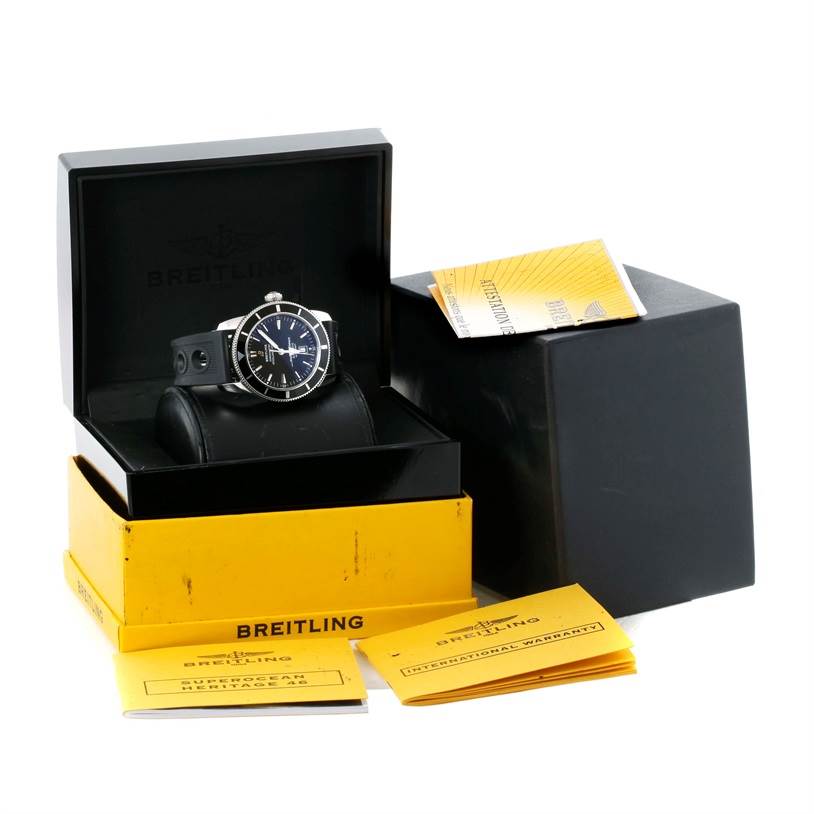 The image shows a Breitling Superocean A17320 Men's Stainless Steel Black Dial A17320 Men's Stainless Steel Black Dial watch in its box, accompanied by warranty cards and manuals.
