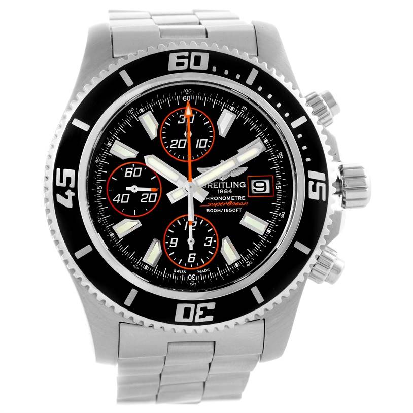 The image shows a front view of the Breitling Superocean A13341 Men's Stainless Steel Black Dial A13341 Men's Stainless Steel Black Dial watch, displaying the watch face, bezel, and part of the bracelet.