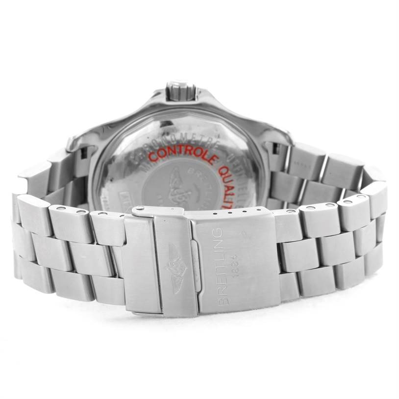 The image shows the back case and stainless steel bracelet of a Breitling Superocean A17390 Men's Stainless Steel Blue Dial A17390 Men's Stainless Steel Blue Dial watch.