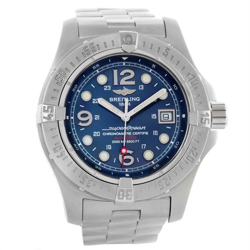 The Breitling Superocean A17390 Men's Stainless Steel Blue Dial A17390 Men's Stainless Steel Blue Dial watch is displayed from a front angle, showcasing its dial, bezel, and bracelet.