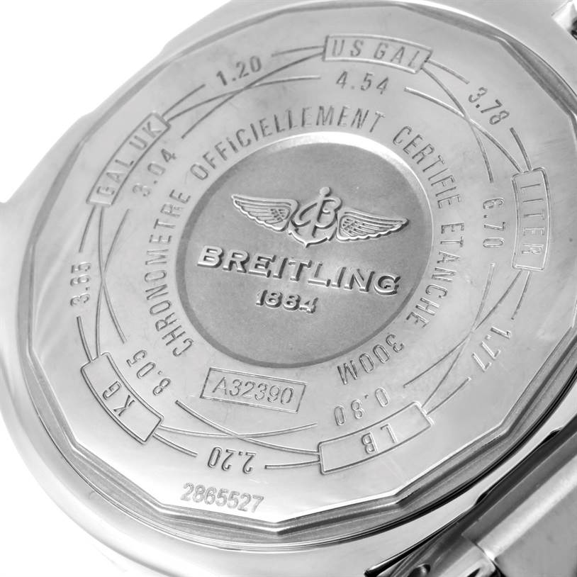 The image shows the back case of the Breitling Avenger A32390 Men's Stainless Steel Black Dial A32390 Men's Stainless Steel Black Dial watch, highlighting engravings and specifications.