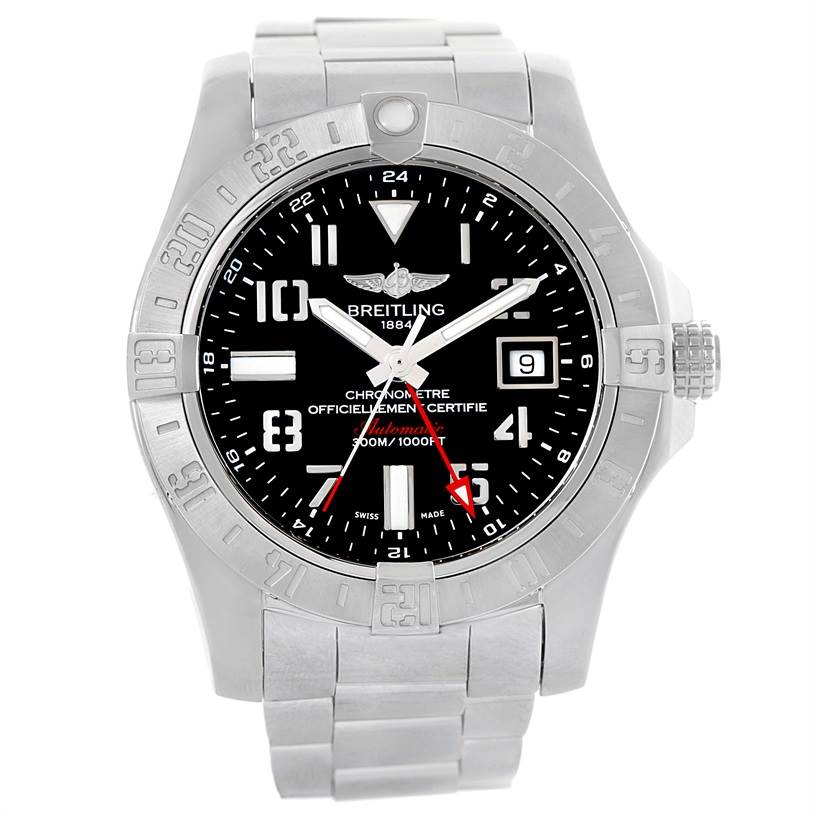 The image shows a frontal view of the Breitling Avenger A32390 Men's Stainless Steel Black Dial A32390 Men's Stainless Steel Black Dial watch, displaying its dial, bezel, crown, and bracelet.