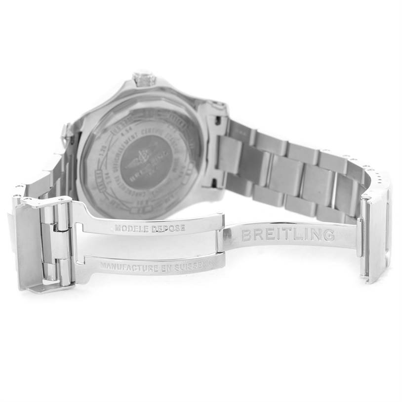 The image shows the open clasp and bracelet of a Breitling Avenger A32390 Men's Stainless Steel Black Dial A32390 Men's Stainless Steel Black Dial watch, viewed mainly from the back.