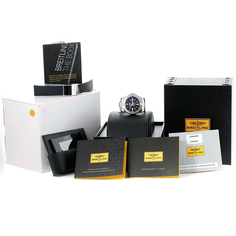 The image shows a Breitling Avenger A32390 Men's Stainless Steel Black Dial A32390 Men's Stainless Steel Black Dial watch, displayed with its box, manuals, and warranty cards from a front angle.