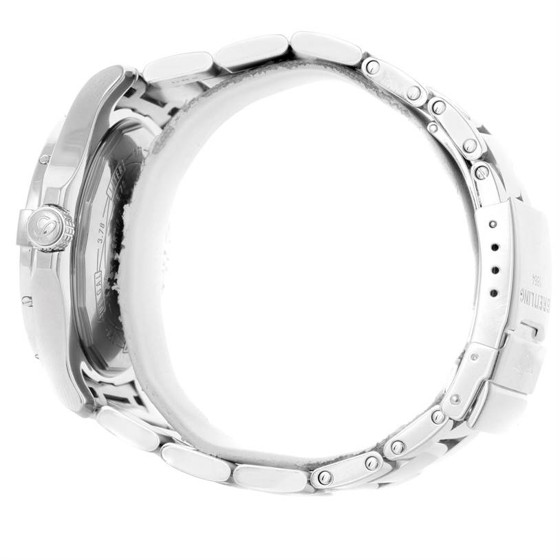 The image shows a side profile of the Breitling Avenger A32390 Men's Stainless Steel Black Dial A32390 Men's Stainless Steel Black Dial watch, highlighting its metallic strap, bezel, and crown.