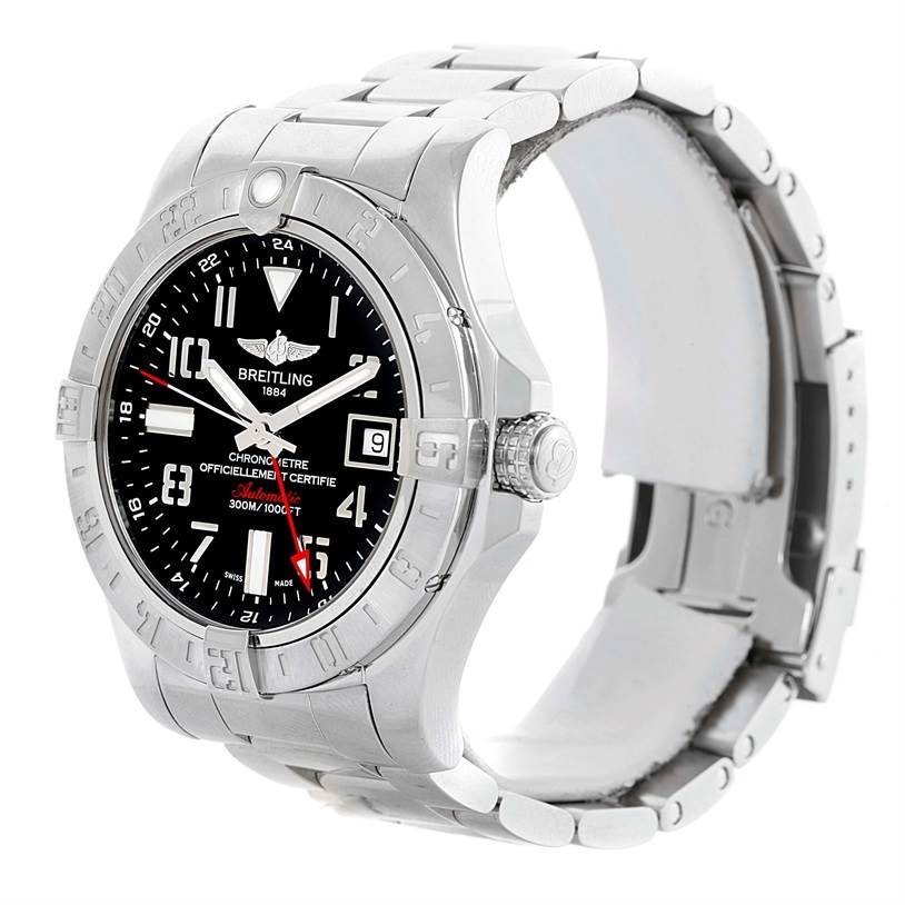 The image shows a Breitling Avenger A32390 Men's Stainless Steel Black Dial A32390 Men's Stainless Steel Black Dial watch at a side angle highlighting its face, bezel, crown, and bracelet.