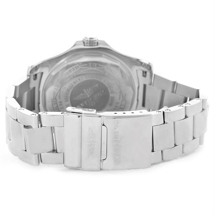 The image shows the backside of a Breitling Avenger A32390 Men's Stainless Steel Black Dial A32390 Men's Stainless Steel Black Dial watch, focusing on its metal bracelet and clasp.