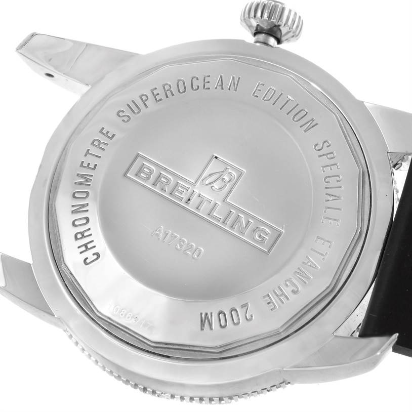 The image shows the back cover of a Breitling Superocean A17320 Men's Stainless Steel Blue Dial A17320 Men's Stainless Steel Blue Dial watch, highlighting its engraving and water-resistance details.