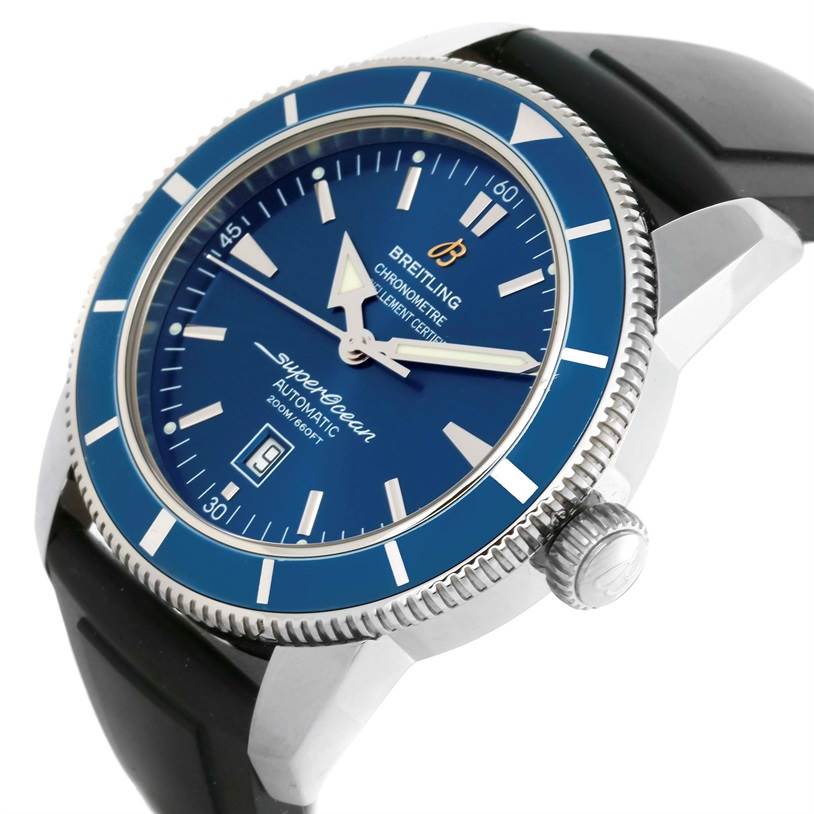 This is a Breitling Superocean A17320 Men's Stainless Steel Blue Dial A17320 Men's Stainless Steel Blue Dial watch shown at a three-quarter angle highlighting its blue dial, bezel, and crown with a black strap.