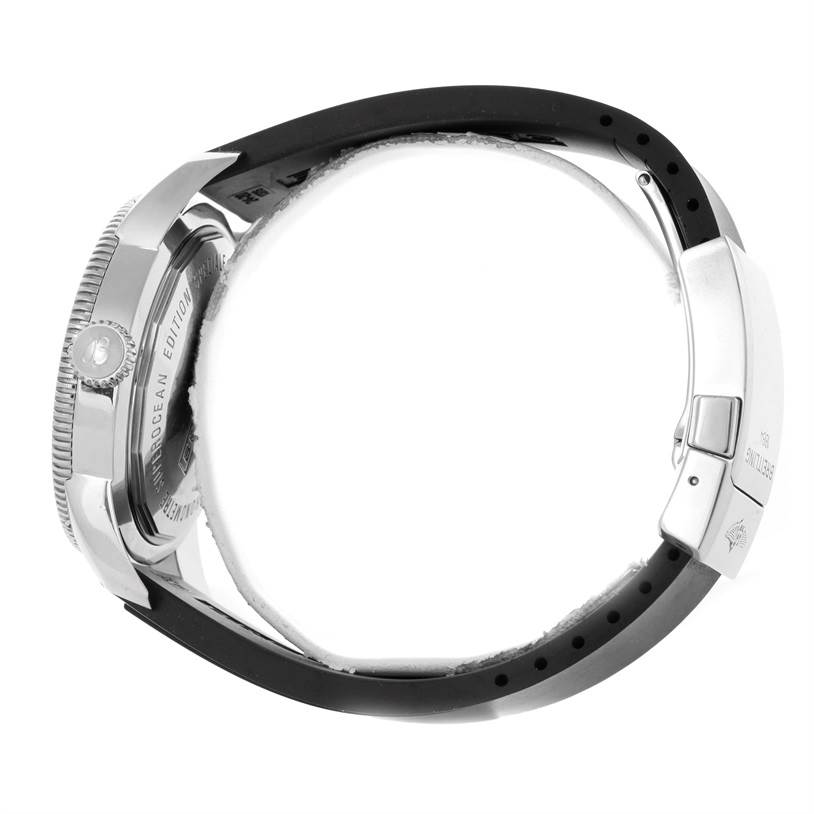 The image shows a side view of a Breitling Superocean A17320 Men's Stainless Steel Blue Dial A17320 Men's Stainless Steel Blue Dial watch, highlighting the bezel, crown, case back, and strap.