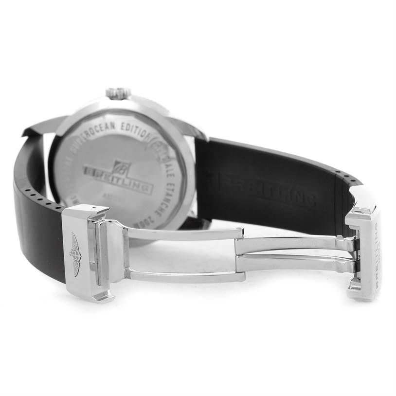 The image shows the back case and the clasp of a Breitling Superocean A17320 Men's Stainless Steel Blue Dial A17320 Men's Stainless Steel Blue Dial watch in an angled view.