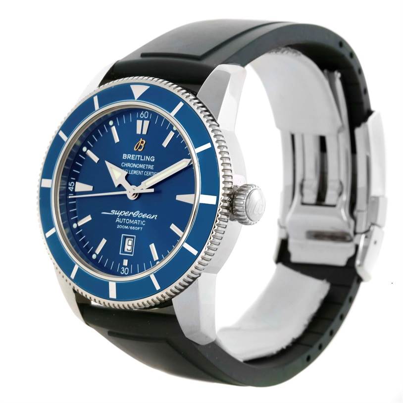 The Breitling Superocean A17320 Men's Stainless Steel Blue Dial A17320 Men's Stainless Steel Blue Dial watch is shown at a three-quarter angle, highlighting the blue dial, bezel, crown, and black strap with clasp.