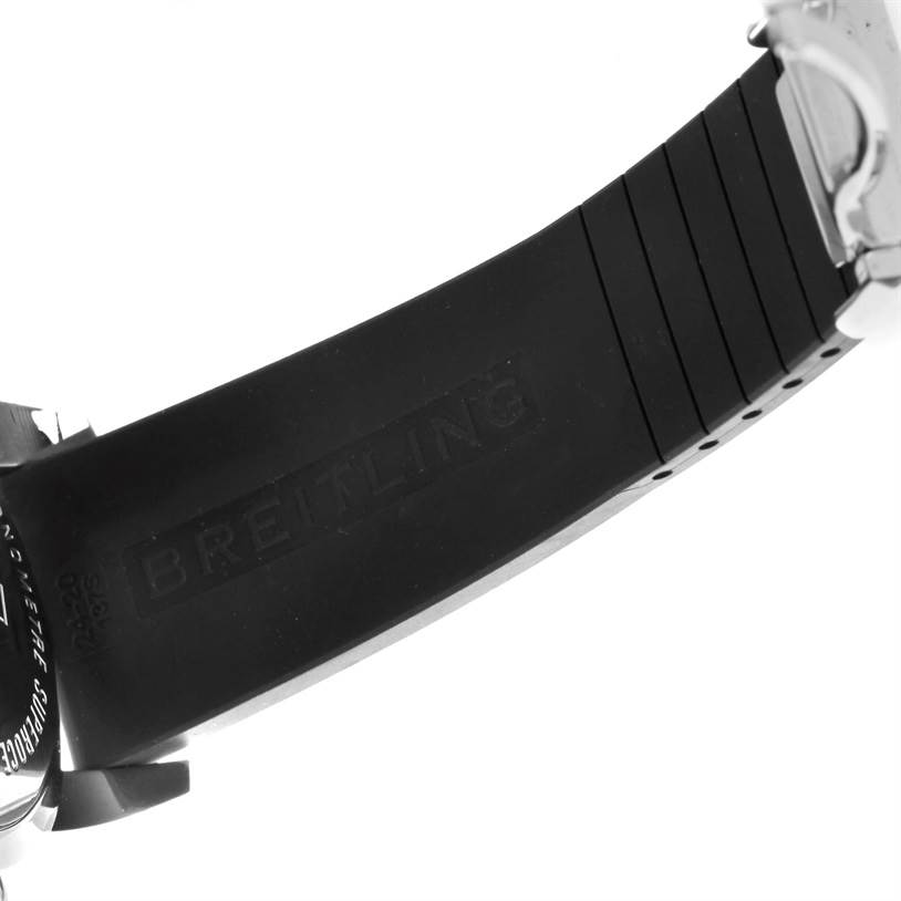 The image shows a partial view of the Breitling Superocean A17320 Men's Stainless Steel Blue Dial A17320 Men's Stainless Steel Blue Dial watch's black rubber strap and metal clasp.