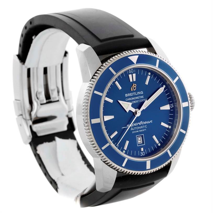 The image shows a Breitling Superocean A17320 Men's Stainless Steel Blue Dial A17320 Men's Stainless Steel Blue Dial watch at an angled view, showcasing its blue dial, bezel, case, and part of the black strap with clasp.
