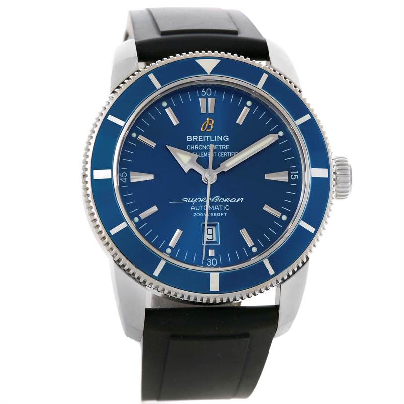 The image shows a front view of a Breitling Superocean A17320 Men's Stainless Steel Blue Dial A17320 Men's Stainless Steel Blue Dial watch with a blue dial and black strap.