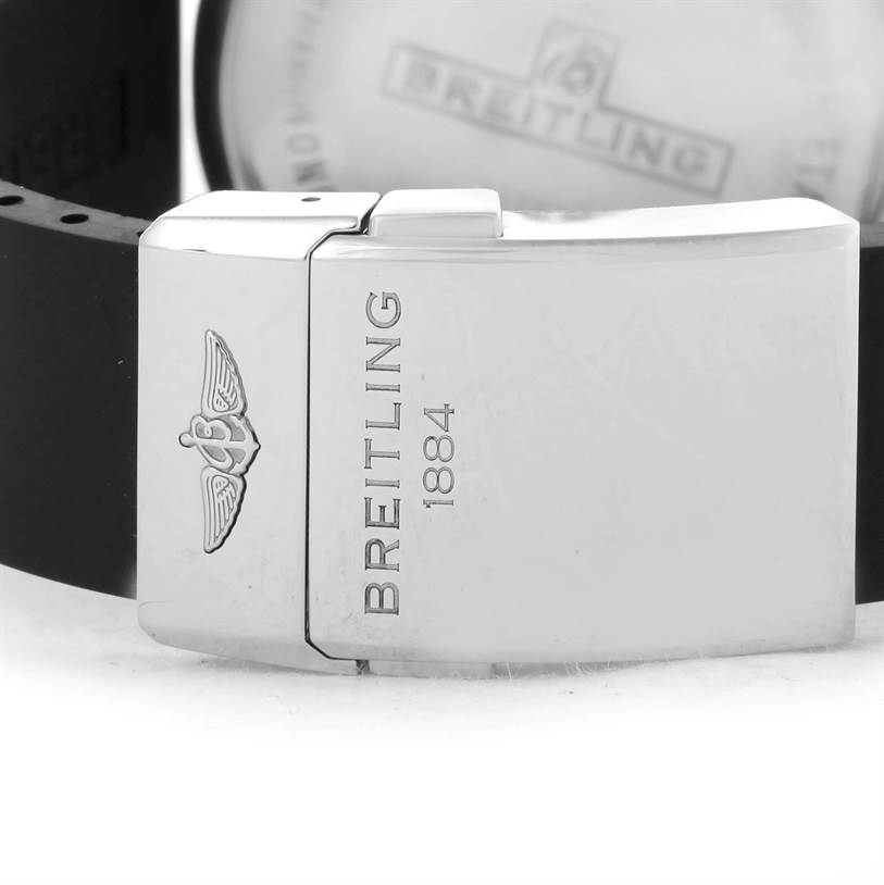 The image shows the buckle of a Breitling Superocean A17320 Men's Stainless Steel Blue Dial A17320 Men's Stainless Steel Blue Dial watch with the brand logo and "Breitling 1884" engraved.