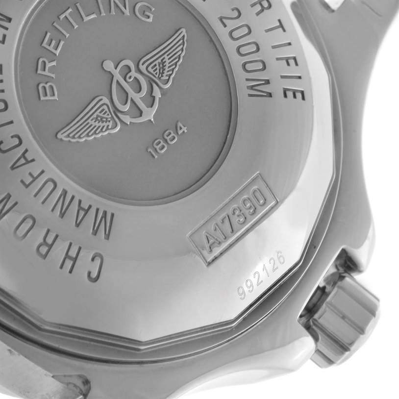 The image shows the back case and crown of a Breitling Superocean A17390 Men's Stainless Steel Blue Dial A17390 Men's Stainless Steel Blue Dial watch, including its engravings.