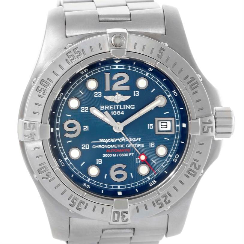 This image shows a front view of the Breitling Superocean A17390 Men's Stainless Steel Blue Dial A17390 Men's Stainless Steel Blue Dial watch, highlighting its dial, bezel, and bracelet.