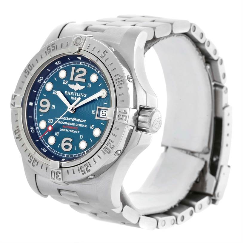 The image shows a side and front angle of the Breitling Superocean A17390 Men's Stainless Steel Blue Dial A17390 Men's Stainless Steel Blue Dial watch, highlighting the dial, bezel, crown, and bracelet.