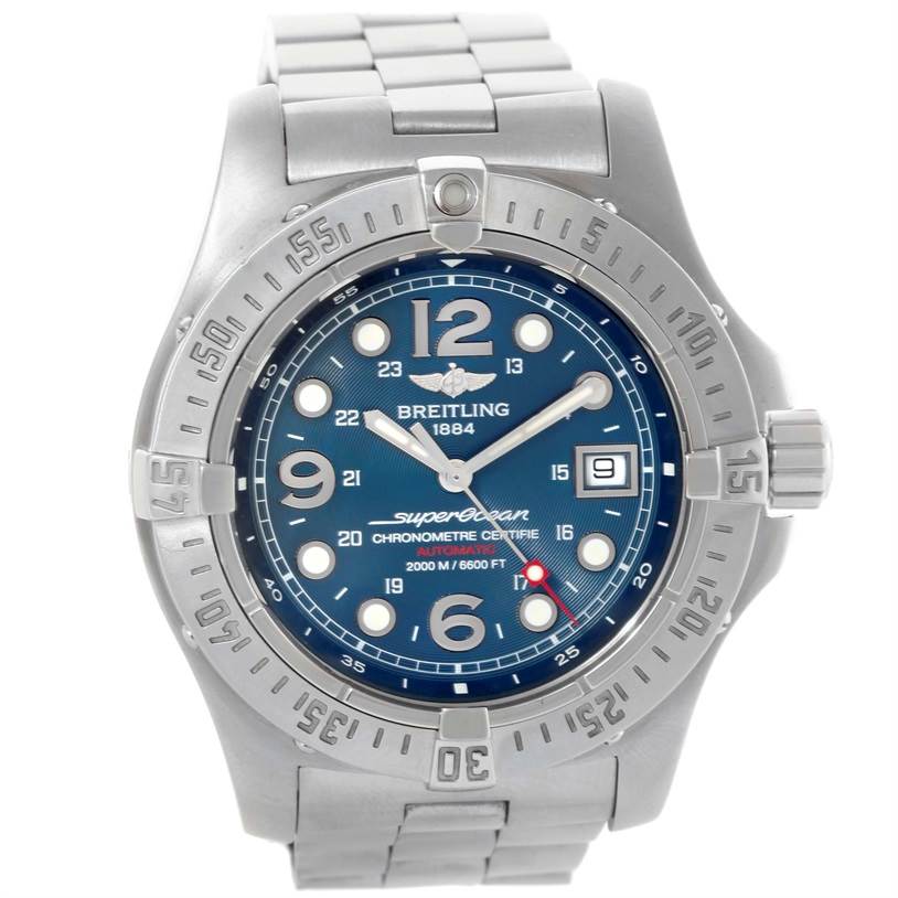This image shows a front view of the Breitling Superocean A17390 Men's Stainless Steel Blue Dial A17390 Men's Stainless Steel Blue Dial watch, displaying its dial, bezel, and stainless steel bracelet.