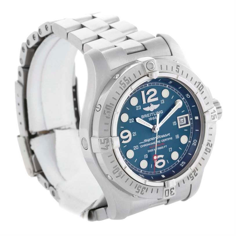 The image shows a slightly angled view of the Breitling Superocean A17390 Men's Stainless Steel Blue Dial A17390 Men's Stainless Steel Blue Dial watch, highlighting its bezel, dial, and metal bracelet.