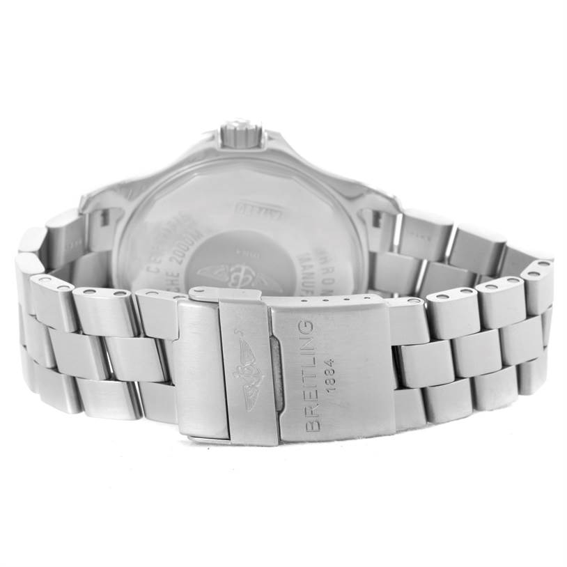 The image shows the back view of a Breitling Superocean A17390 Men's Stainless Steel Blue Dial A17390 Men's Stainless Steel Blue Dial watch, highlighting the clasp and bracelet.