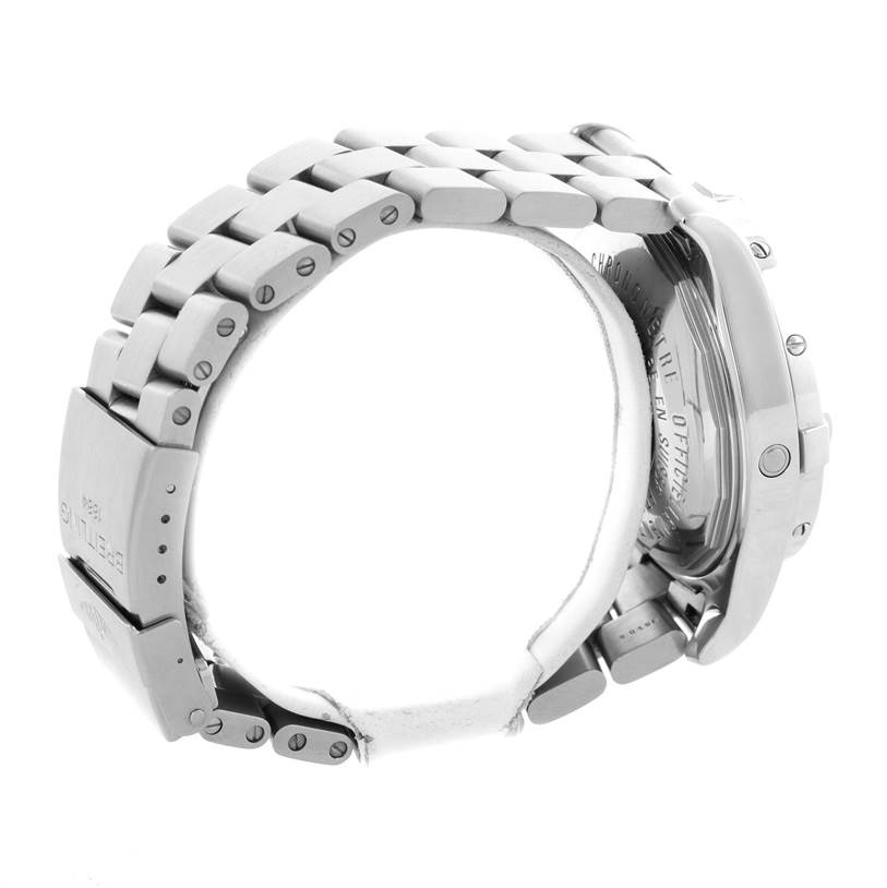 The image shows a side view of the Breitling Superocean A17390 Men's Stainless Steel Blue Dial A17390 Men's Stainless Steel Blue Dial watch, focusing on its metal bracelet and outside details of the watch case.