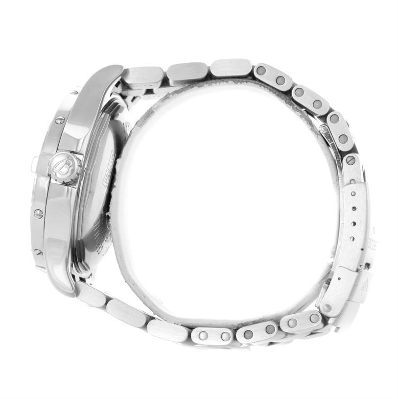 The image shows a Breitling Superocean A17390 Men's Stainless Steel Blue Dial A17390 Men's Stainless Steel Blue Dial watch from a side angle, highlighting its case, crown, and metal bracelet.