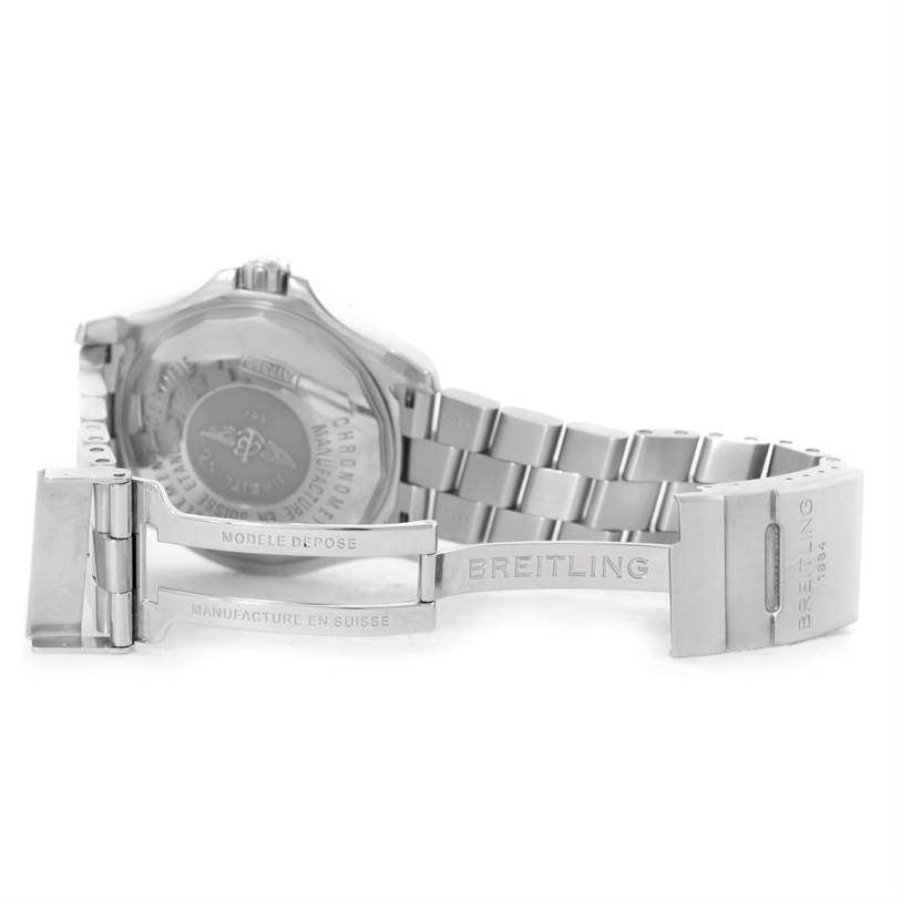 This image shows the back and the open stainless steel bracelet of the Breitling Superocean A17390 Men's Stainless Steel Blue Dial A17390 Men's Stainless Steel Blue Dial watch.