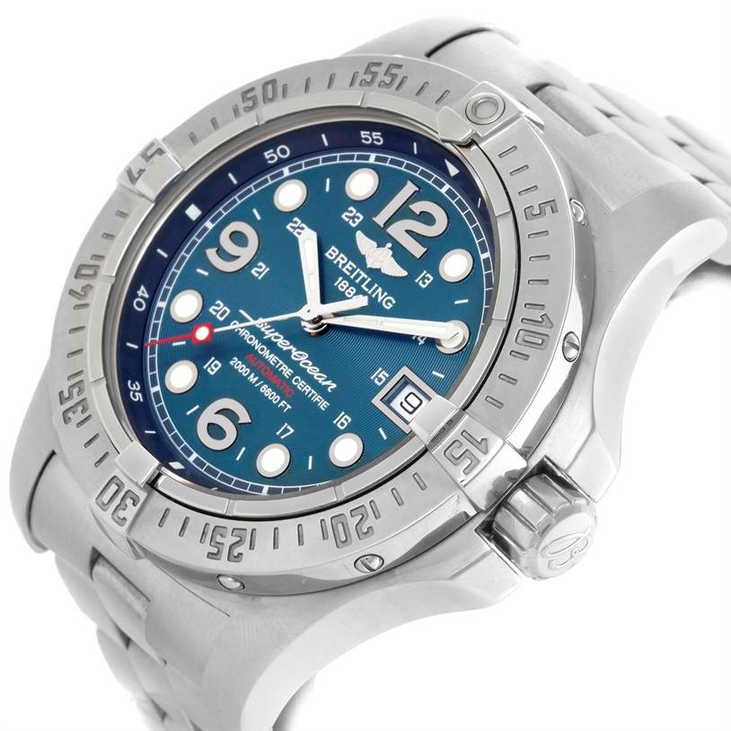 This image shows a close-up, angled view of the Breitling Superocean A17390 Men's Stainless Steel Blue Dial A17390 Men's Stainless Steel Blue Dial watch, focusing on the dial, bezel, and crown.