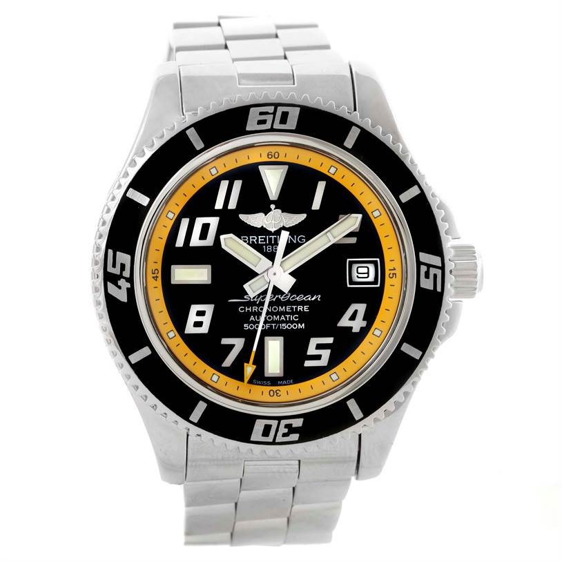 The Breitling Superocean A17364 Men's Stainless Steel Black Dial A17364 Men's Stainless Steel Black Dial watch is shown from a front angle, displaying its face, bezel, and stainless steel bracelet.