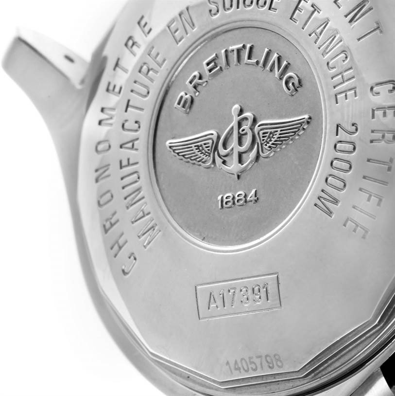 This image shows the back of a Breitling Superocean A17391 Men's Stainless Steel Black Dial A17391 Men's Stainless Steel Black Dial watch, highlighting the brand’s logo and model details.