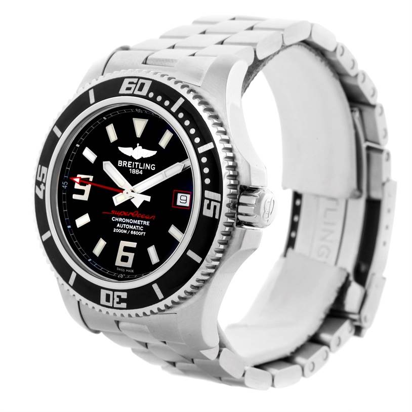 The Breitling Superocean A17391 Men's Stainless Steel Black Dial A17391 Men's Stainless Steel Black Dial watch is shown at a three-quarter angle, displaying its face, bezel, crown, and metal bracelet.