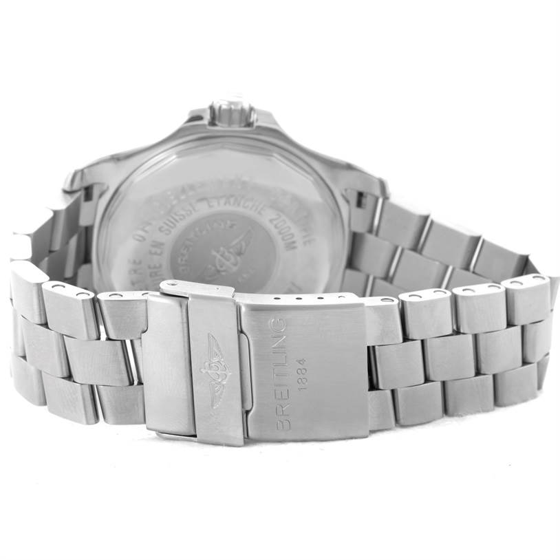 This image shows the back case and bracelet of a Breitling Superocean A17391 Men's Stainless Steel Black Dial A17391 Men's Stainless Steel Black Dial watch from a rear-angle view.