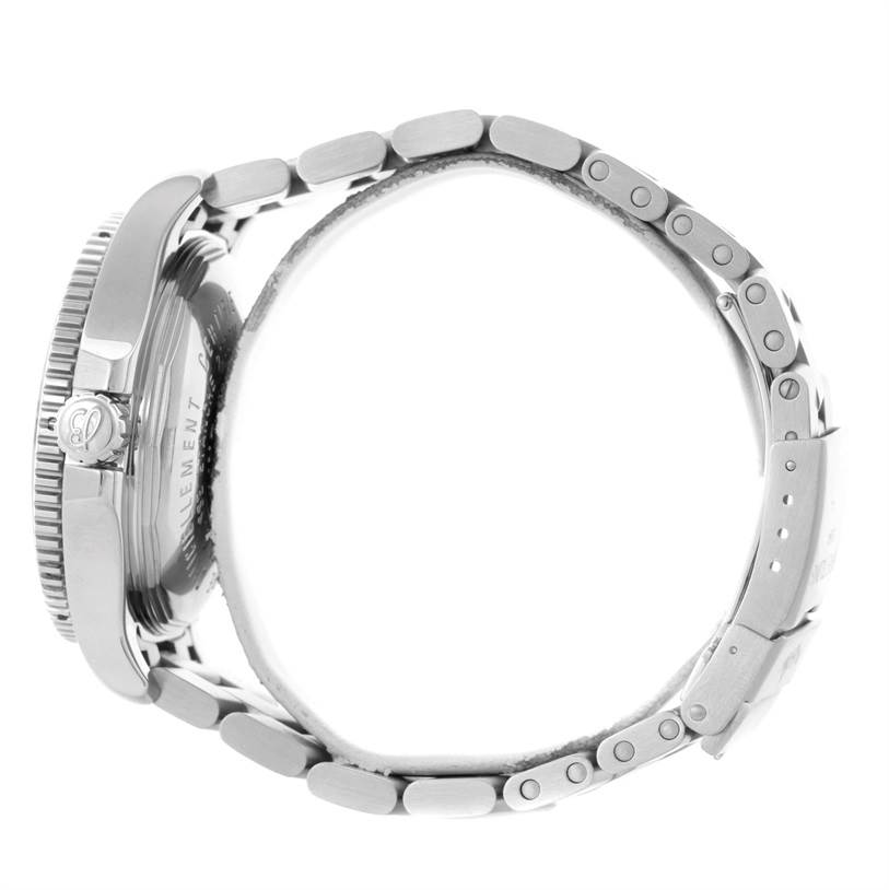 Side view of a Breitling Superocean A17391 Men's Stainless Steel Black Dial A17391 Men's Stainless Steel Black Dial watch, showing the crown, case, and bracelet.