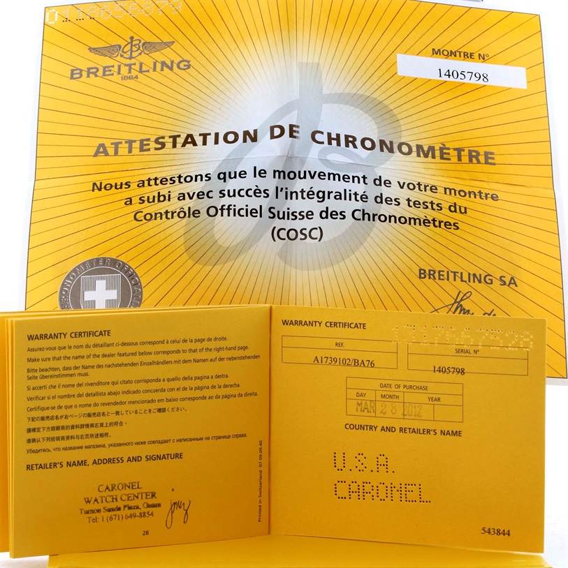 The image shows the COSC certificate and warranty booklet for the Breitling Superocean A17391 Men's Stainless Steel Black Dial A17391 Men's Stainless Steel Black Dial model watch.