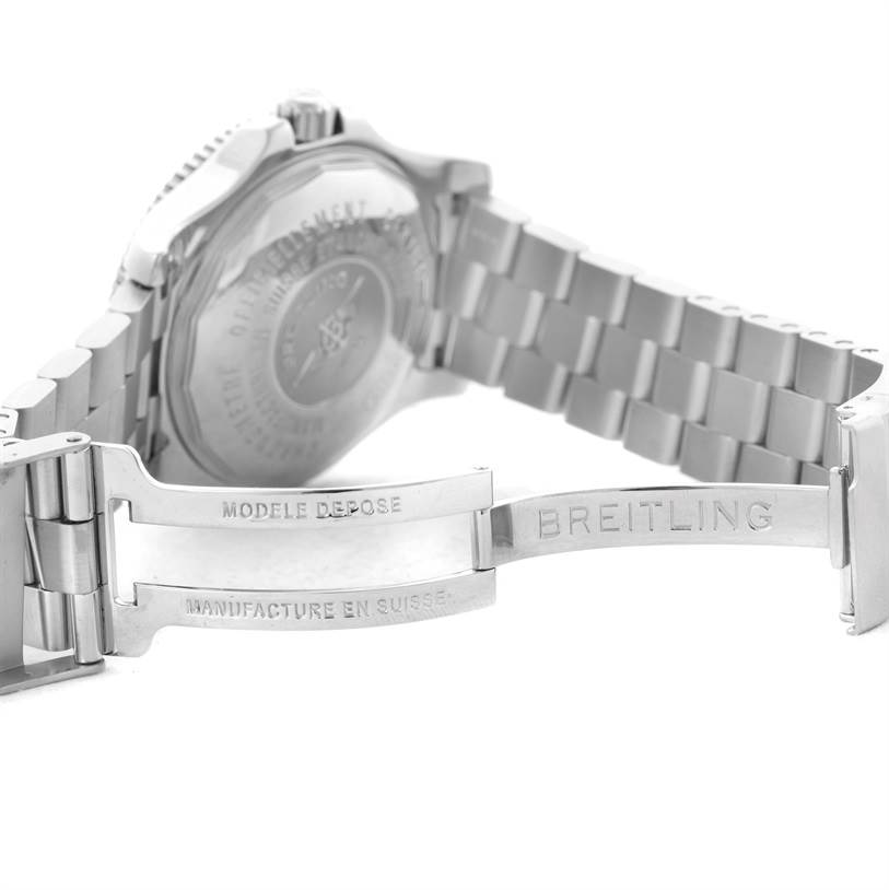 The image shows the back case and bracelet clasp of a Breitling Superocean A17391 Men's Stainless Steel Black Dial A17391 Men's Stainless Steel Black Dial watch at an angle.