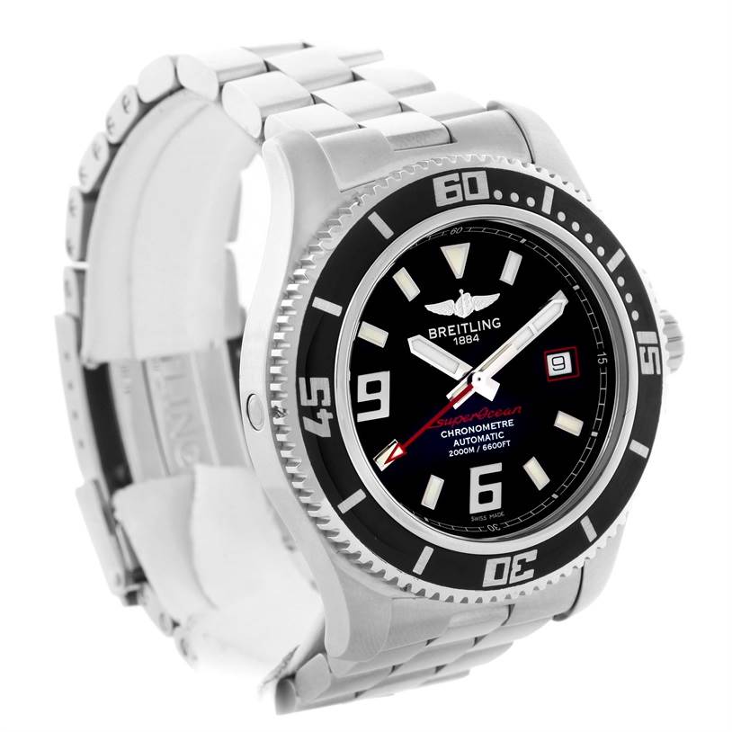 The Breitling Superocean A17391 Men's Stainless Steel Black Dial A17391 Men's Stainless Steel Black Dial watch is shown at a three-quarter angle, highlighting the face, bezel, and bracelet.
