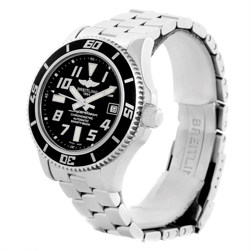The image shows a Breitling Superocean A17364 Men's Stainless Steel Black Dial A17364 Men's Stainless Steel Black Dial watch at an oblique angle, highlighting its face, bezel, crown, and bracelet.